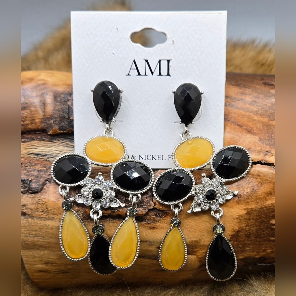 🌞 AMI Statement Earrings Black & Yellow Pierced Studs 3" Drop NWT